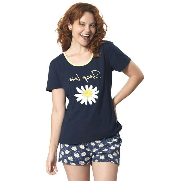 Pijama Algodón Short, Polera Manga Corta Estampado Margarita