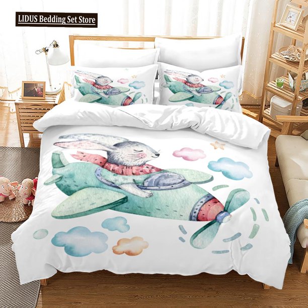 v1188 Bed Sheets Cartoon Rabbit Duvet Cover Set Wild Animals Theme Bedding Set For Kids Boy Girl Bedroom Decor Polyester Comforter Cover 3-Piece Bedding Set (1 Duvet Cover + 2 Pillow Shams) Bed Sheets