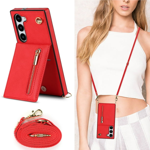 Crossbody Wallet Case Case For Samsung Galaxy S23 S22 Plus Note 20 Ultra With Card Slot Holder, Magnetic Flip Folio Purse Case, PU Leather Zipper Handbag With Detachable Lanyard Strap
