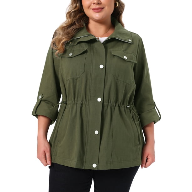 Agnes Orinda Chaqueta Utility para Mujer Talla Grande con Cuello, Cremallera, Broches, Cintura con Cordón, Anorak con Bolsillos, Abrigo Cargo 1X Verde Militar