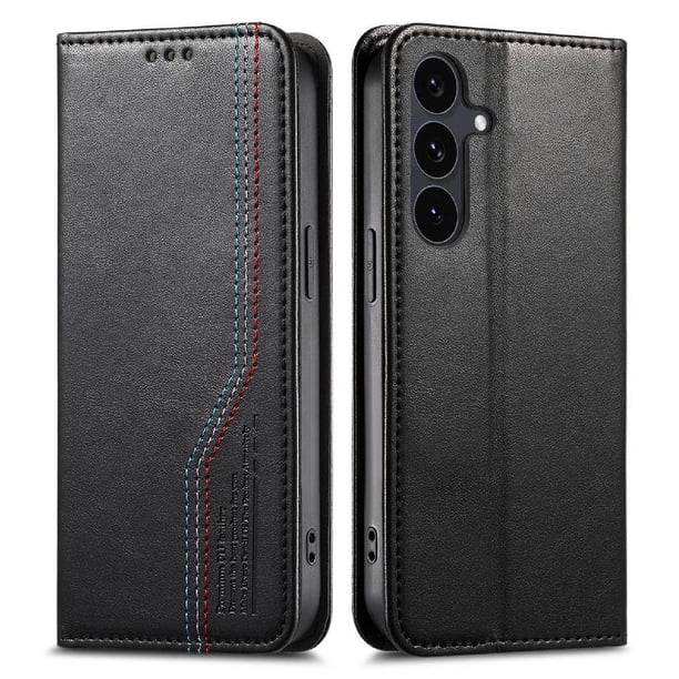 Funda tipo cartera para Samsung Galaxy S24/S25 de piel con cierre magnético, ranuras para tarjetas y correa para la muñeca Negro
