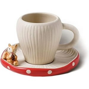 Veat00L - Bonita Taza De Hongos Con Platillo, Hecha A Mano Con Lunares Esmaltados, Con Decoración De Ardilla En El Plato. Tazas De Café De Cerámica Mate De Seguridad, Taza De Té De Dibujos Animados De