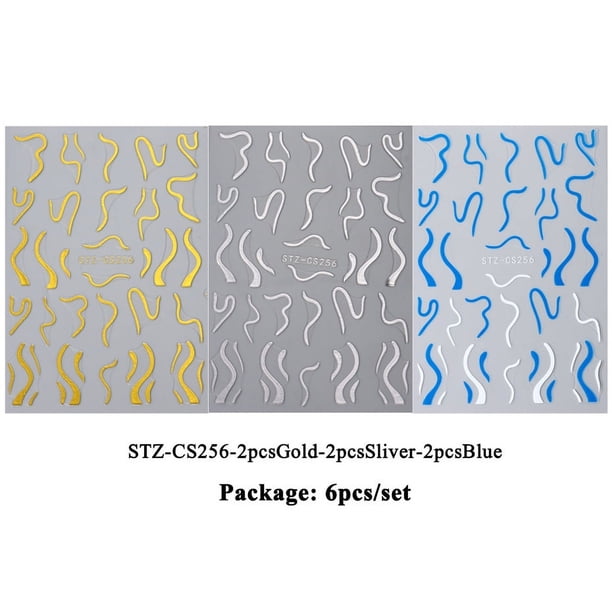6pcs,3D Curve Line Nail Stickers Golden Silvery Metal Stripe Nail Art Sliders Blue Wave Line Self-adhesive Decals Foils Manicure Decor