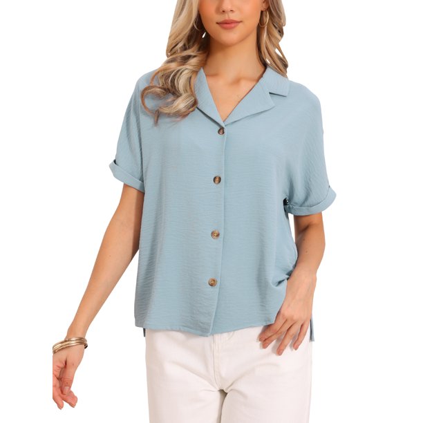 INSPIRE CHIC Blusas de Negocios Casual para Mujeres Elegantes Casual Cuello en V Manga Corta Camisas Abotonadas Relajadas Tops de Trabajo M Azul