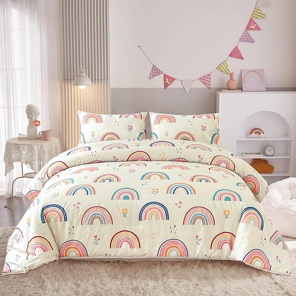 Lightwe-ight So-ft 3 Piece R-ainbow Comfort-er Set with 2 Pillo-w Covers Cartoon Lo-ve Hearts Suns -and Stars Bedding Set- for Girls Boy-s Kids Twin Dark Blue