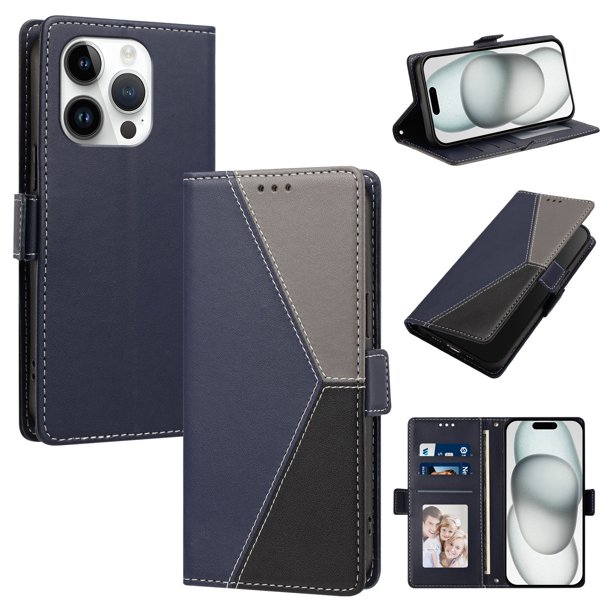 Cartera Plegable para iPhone 15 Pro Max, PU Tricolor con Ranuras, Azul Oscuro