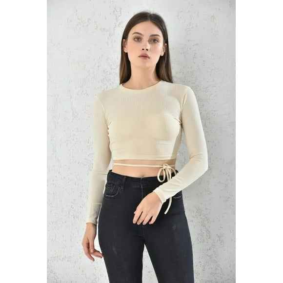 Polera Mujer Crop con Escote Detras Manga Larga Beige Talla S
