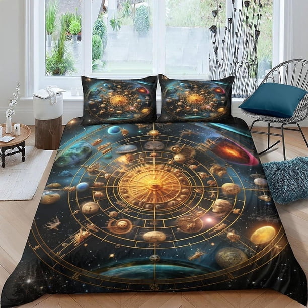 Juego De Ropa De Cama De 3 Piezas Con Funda Nórdica Astrolabe Doce Signos Del Zodiaco Funda De Edredón De Microfibra De Poliéster Con Cierre De Cremallera