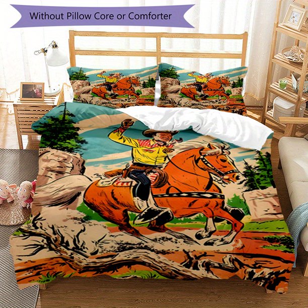 3pcs Bedding Set Duvet Cover Closure Includes 1 Duvet Cover & 2 Pillowcases for All Seasons Bedroom Decor, Home Dorm High-Definition Print Cowboy Riding Horse A215