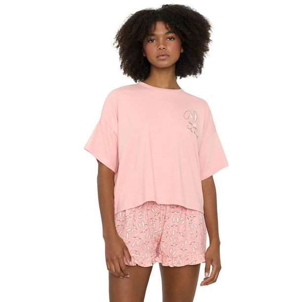 Pijama Mujer Corto Oversize Vuelos Coral Conejos Corona