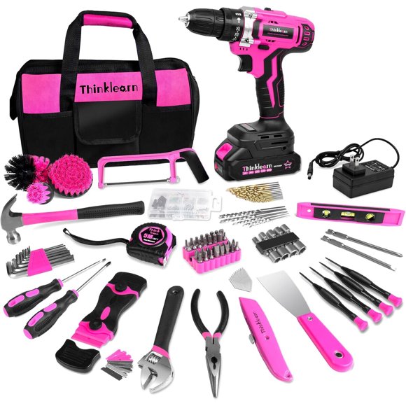 Kit de herramientas ThinkLearn con taladro 20 V, 265 in-lb, rosa, 175 piezas
