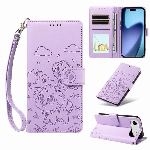 Funda Cartera para iPhone 17 Air Perro Cachorro Grabado con Tarjetas Soporte Correa Morado