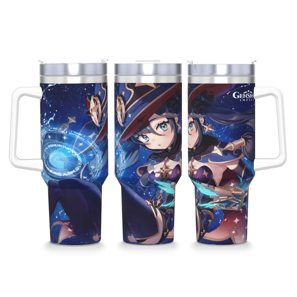 Genshin Impact: Mona Chica Anime Vaso aislado de acero inoxidable con asa, diseño temático, regalo para familia, amigos y fans; incluye pajita y encaja en el portavasos estándar, 40 oz