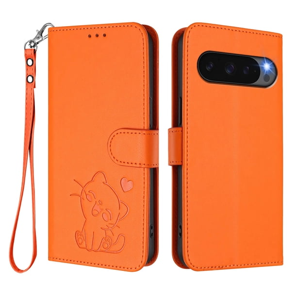 Funda de Gato tipo Libro para Google Pixel 9 Pro XL 5G, Naranja