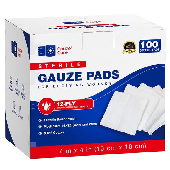 Almohadillas de gasa Gauze Care 4x4, 12 capas, estériles, 100 unidades, 100% algodón