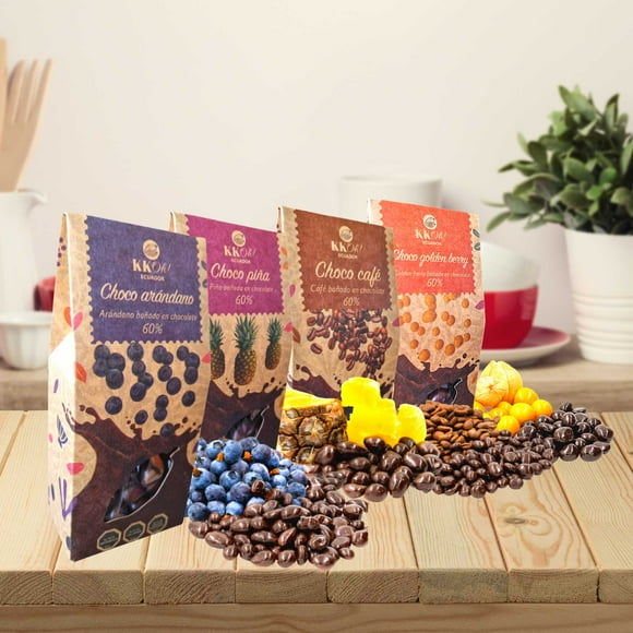 Pack frutos bañados en chocolate 60% sin leche, sin gluten, sin soya.
