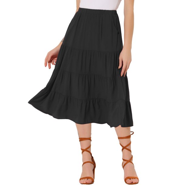 INSPIRE CHIC Falda Midi para Mujer Regreso a Clases Cintura Elástica Sólida Falda Acampanada en Línea A con Bolsillos Negro L
