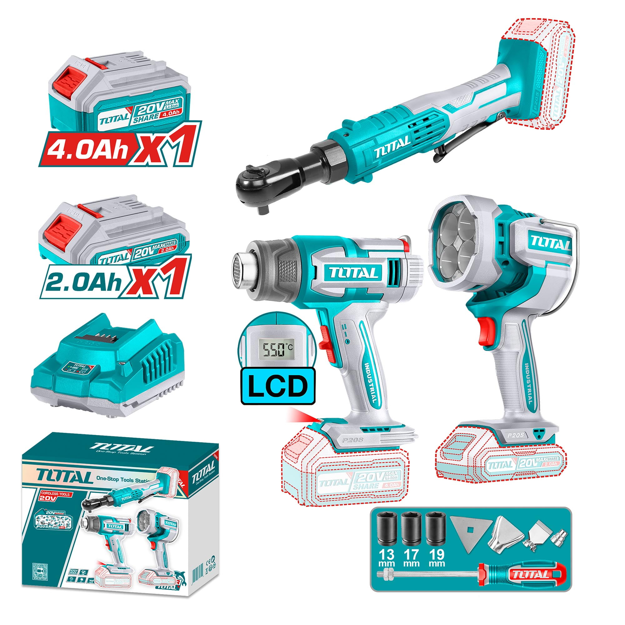 Kit Pistola De Calor Digital, Lámpara Y Chicharra 20v Total