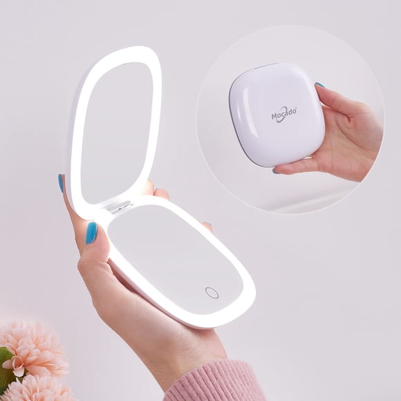 Espejo de maquillaje Mocado compacto con LED y aumento 1X/10X, blanco