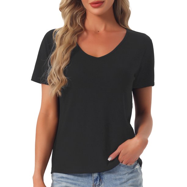 INSPIRE CHIC Camisetas de Mujer Manga Corta Básica Conjuntos Camisetas Cómodas Cuello en V Suave Casual Verano Pijama Tops S Negro