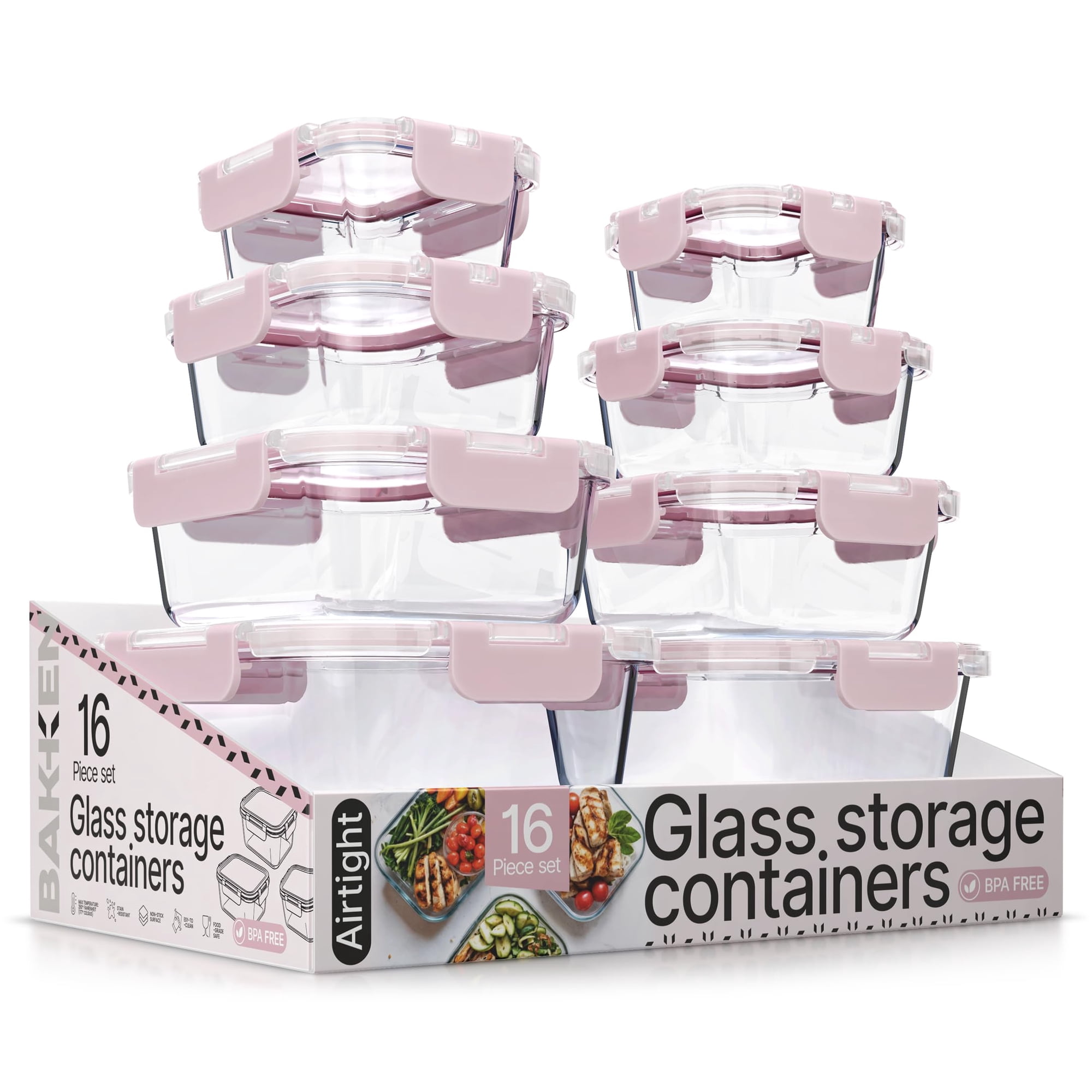 Juego De Contenedores Para Alimentos Bakkenmaster De Vidrio, 16 Piezas, Color Rosa