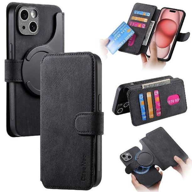 Funda Billetera Magnética para iPhone 15 Soporte Tarjetas Desmontable Negro