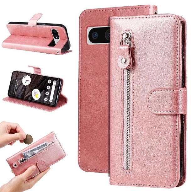 Funda tipo cartera para Google Pixel 7A con bolsillo con cremallera y ranuras para tarjetas – Función de soporte Rosa