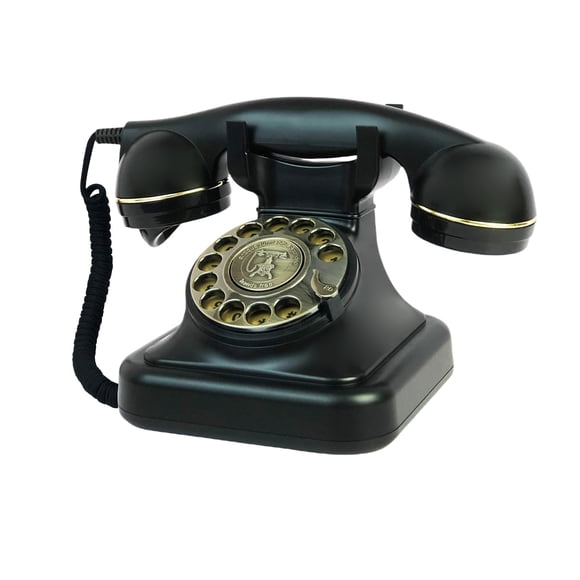 Teléfono retro TelPal estilo años 30, negro, con cable y disco giratorio