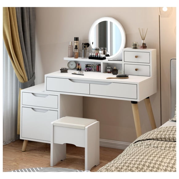 Tocador Con Espejo De Luz Led Y Taburete Comoda Extendible Blanco