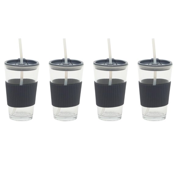 Mr. Coffee Sip Savvy Pack de 4 vasos de vidrio de 15 oz color azul medianoche con tapas y pajillas – Tazas reutilizables para café helado – Apto para lavavajillas – Vasos para llevar y agua