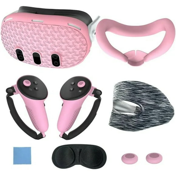 VR Accesorios Set Para Meta Quest 3, Incluye 7 Pcs: Cubierta protectora para la cara, empuñaduras para el mando, cubierta para los auriculares, protector para la lente y cubierta para la carcasa.-Rosa