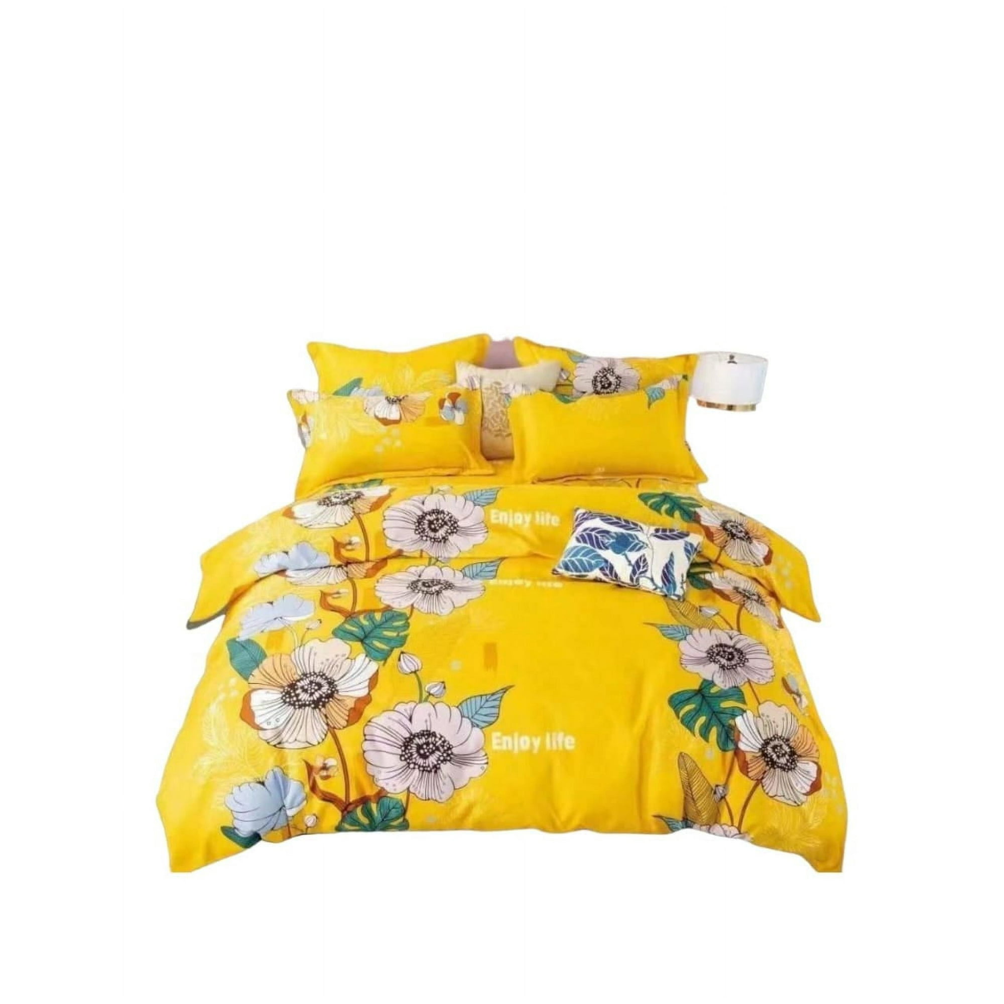 Todohogarsantiadodechile - Sabana Amarilla Estampada Flores Blancas 2 Plazas