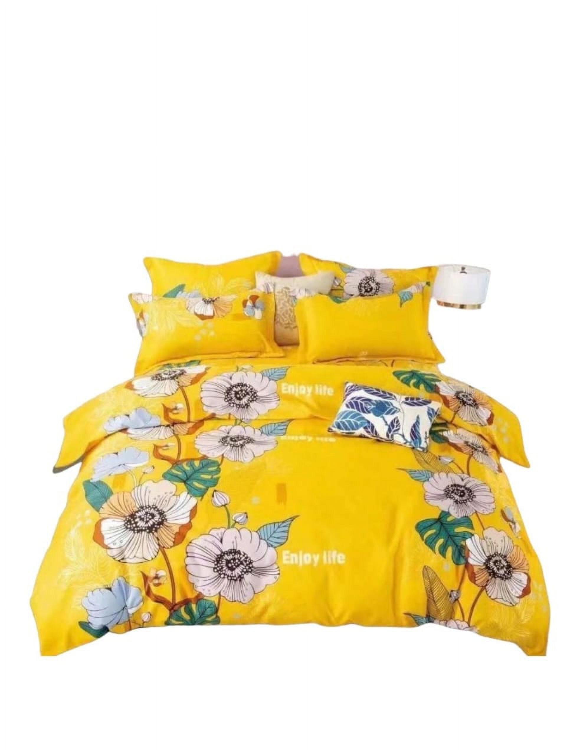 Todohogarsantiadodechile - Sabana Amarilla Estampada Flores Blancas 2 Plazas