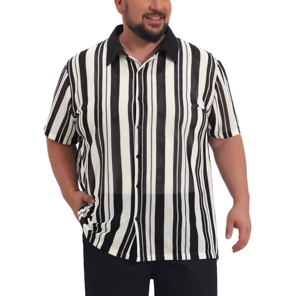 INSPIRE CHIC Camisas de Verano de Manga Corta con Botones a Rayas para Hombre Grande y Alto 3XL Negro
