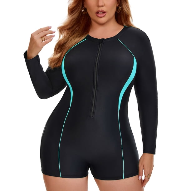 Agnes Orinda Traje de Baño de Manga Larga para Mujer Talla Grande para Escuela y Universidad, Cremallera Frontal, Vacaciones en la Playa, Cobertura Completa, 1 Pieza, 2X Negro Turquesa