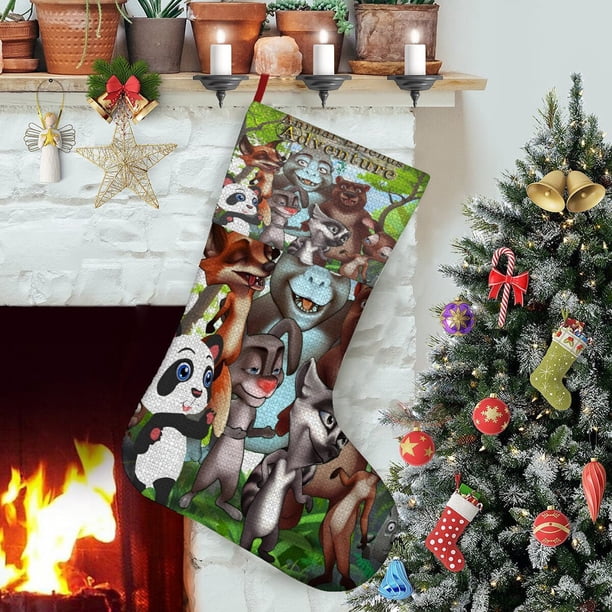 Amigos Animales Tema: Calcetines de Navidad, fino lino blanco para colgar en escaleras y chimenea, decoración navideña para el hogar, regalo de Navidad. 45cm × 32cm
