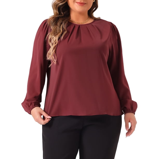 Agnes Orinda Conjuntos de Halloween Blusas de Talla Grande para Mujeres Cuello Redondo Plisado Trabajo Oficina Camisas de Manga Larga 4X Burdeos
