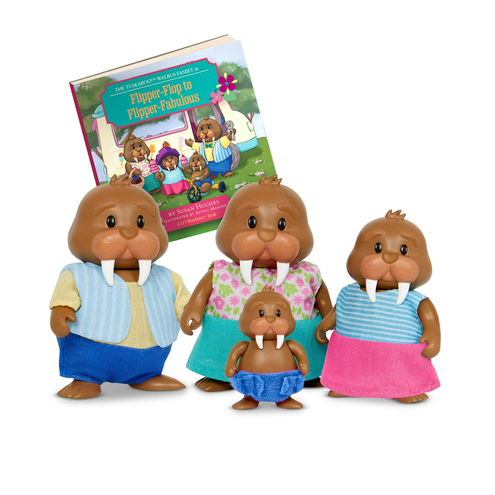 Toy Li'l Woodzeez Tuskaroo Walrus Family Con Libro De Cuentos De Más De 3 Años