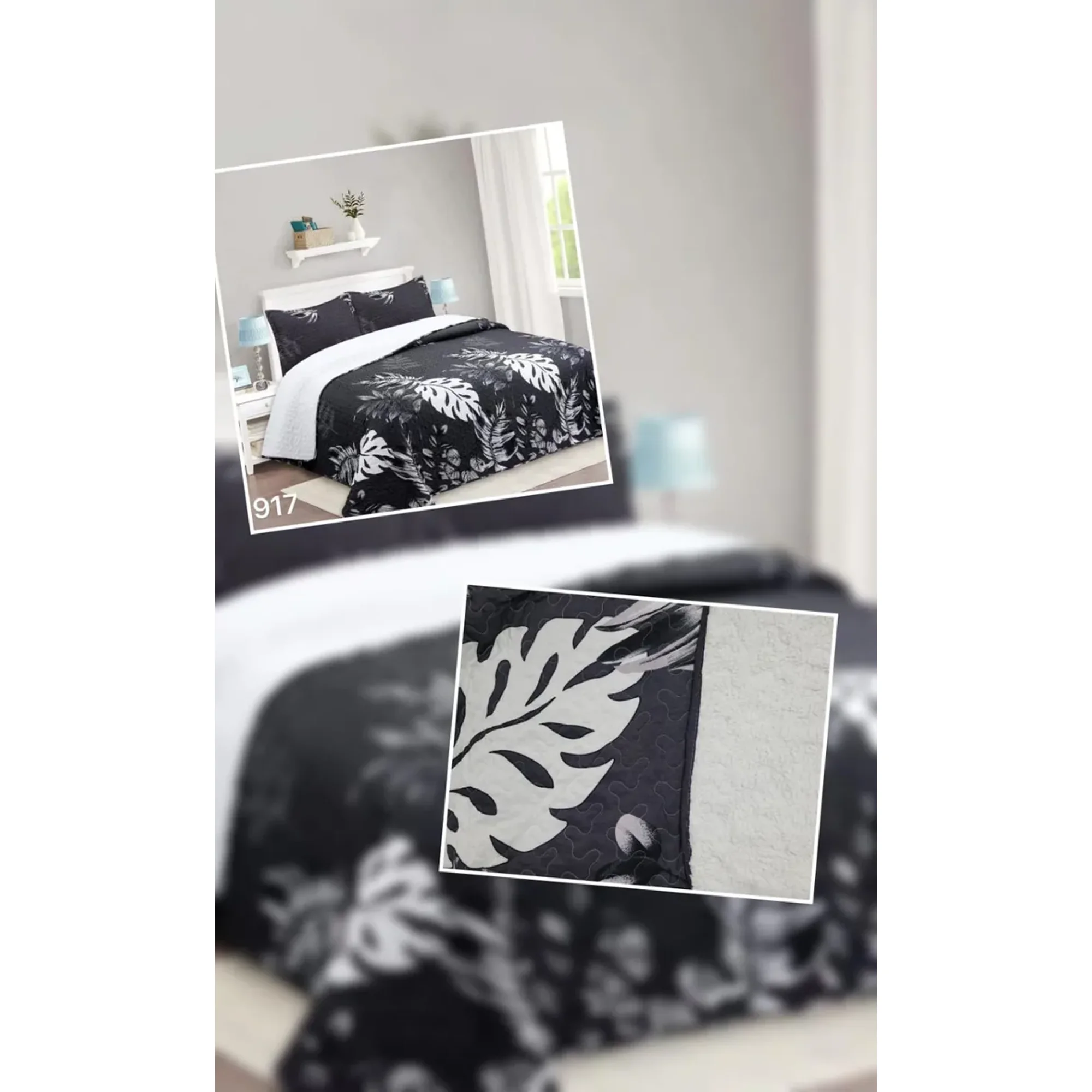 Casadeliacl - Cubrecama Quilt Sherpa 2pl - Varios Modelos W.m G S Blanco Y Negro. Diseño Hojas Blanco Negro