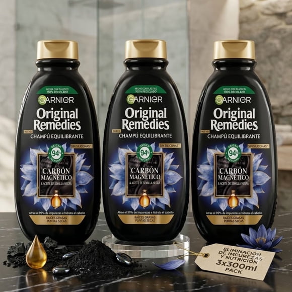 Pack 3 Shampoo Original Remedies Carbón Magnético 300ml