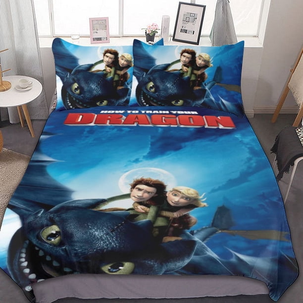 How to Train Your Dragon 3-Piece Bedding Set Duvet Cover Set Soft Warm And Comfortable Soft Bed Set for Bedroom