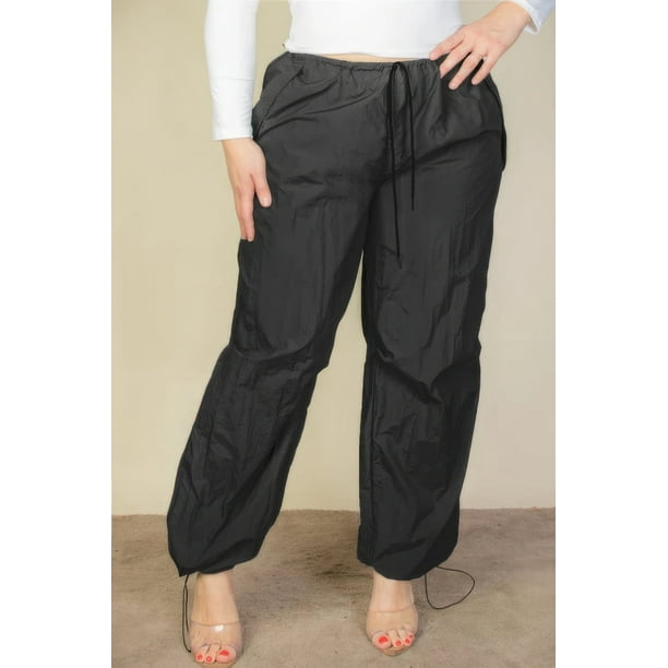 Saronite Pantalones de Paracaídas con Cintura Elástica y Cordón Ajustable, Dos Bolsillos Delanteros, Color Negro (para Mujer)