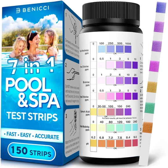 Tiras reactivas para piscina Benicci 7 en 1 - 150 tiras para alberca y spa