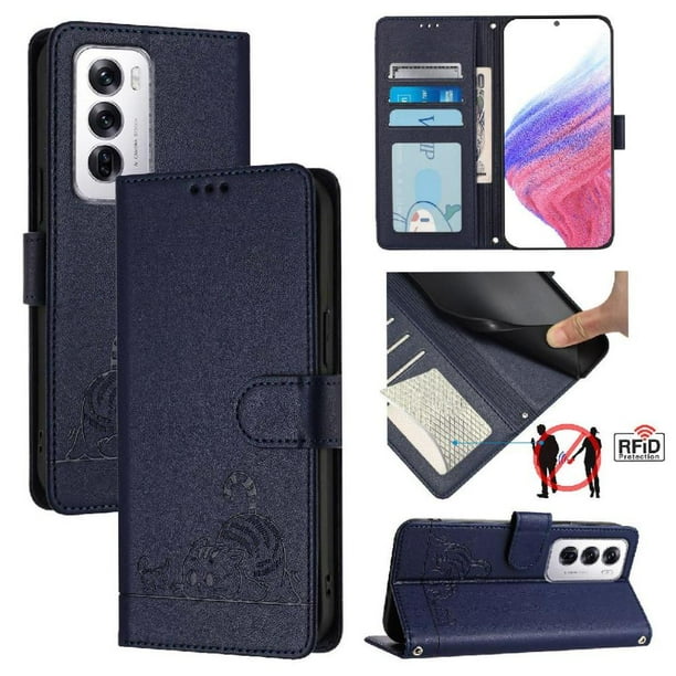 Funda tipo cartera FOXDOCK para oppo Reno 12 con soporte, ranuras, RFID, diseño de gato