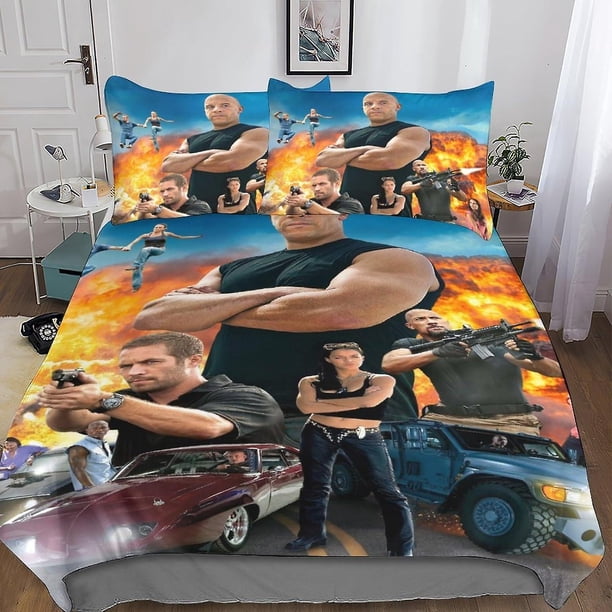 Juego de ropa de cama estampado Entemah Fast & Furious, juego de funda nórdica, funda de edredón de película con estampado 3D, 3 piezas para niños, adolescentes, niños, funda de edredón con