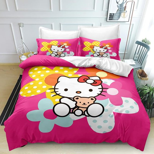 Printed Duvet Quilt Cover Hello Bedding Bed Set Kitty Soft Comforter Microfiber with Zipper Closure Great Match with Any Home Decor