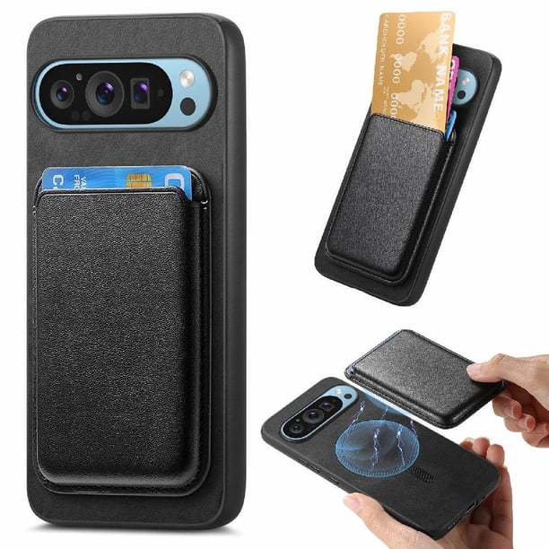 Funda de Cuero Magnética con Tarjetero para Google Pixel 9 Cubierta Delgada Negro