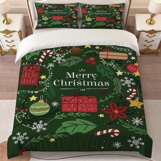 Merry Christmas Greeting Poster Theme Print Three-Piece Bedding Set Soft Duvet Cover And Two Pillowcases