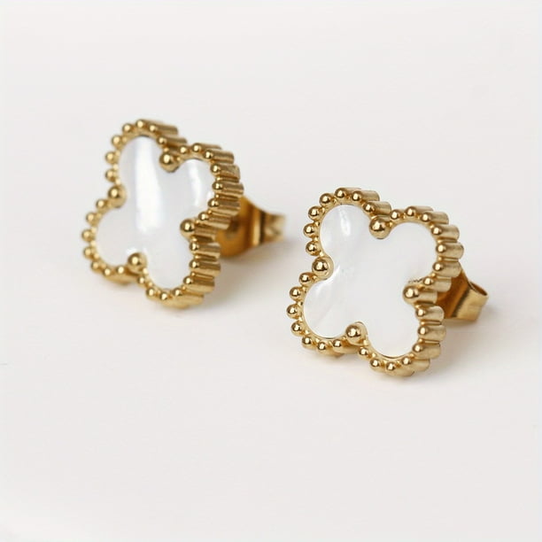 Elegant Four-Leaf Clover Stud Earrings - Stainless Steel with 14K Gold Plating - Perfect Gift for Women