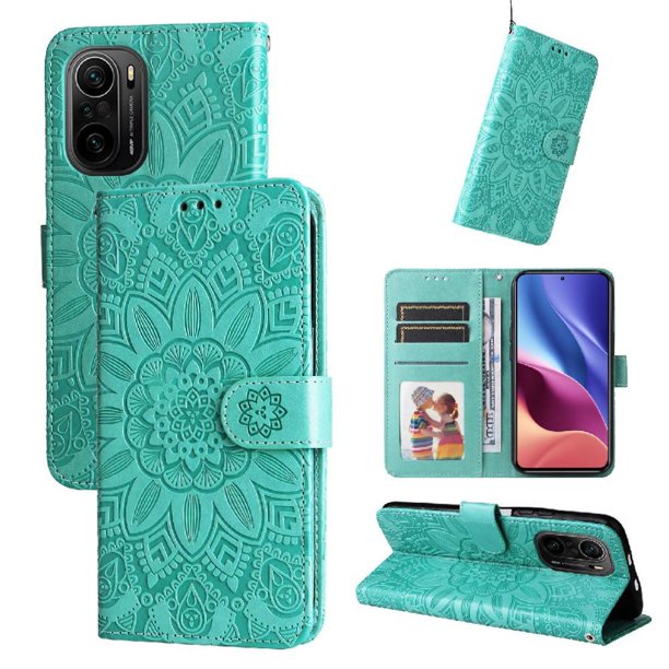 Funda tipo cartera FOXDOCK para Xiaomi Poco F3 , diseño girasol en relieve, cuero PU, cierre magnético, soporte y tarjetero